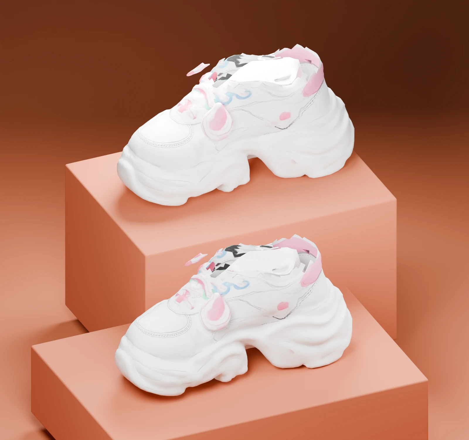 Hai chiếc FORM 01 có họa tiết Sakura trên bệ màu cam trong studio